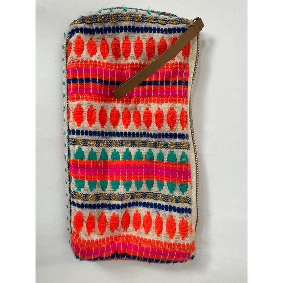Handmade Tribal-Inspired Multicolor Cotton Canvas Clutch With Zipper & Leather S - Picture 1 of 16